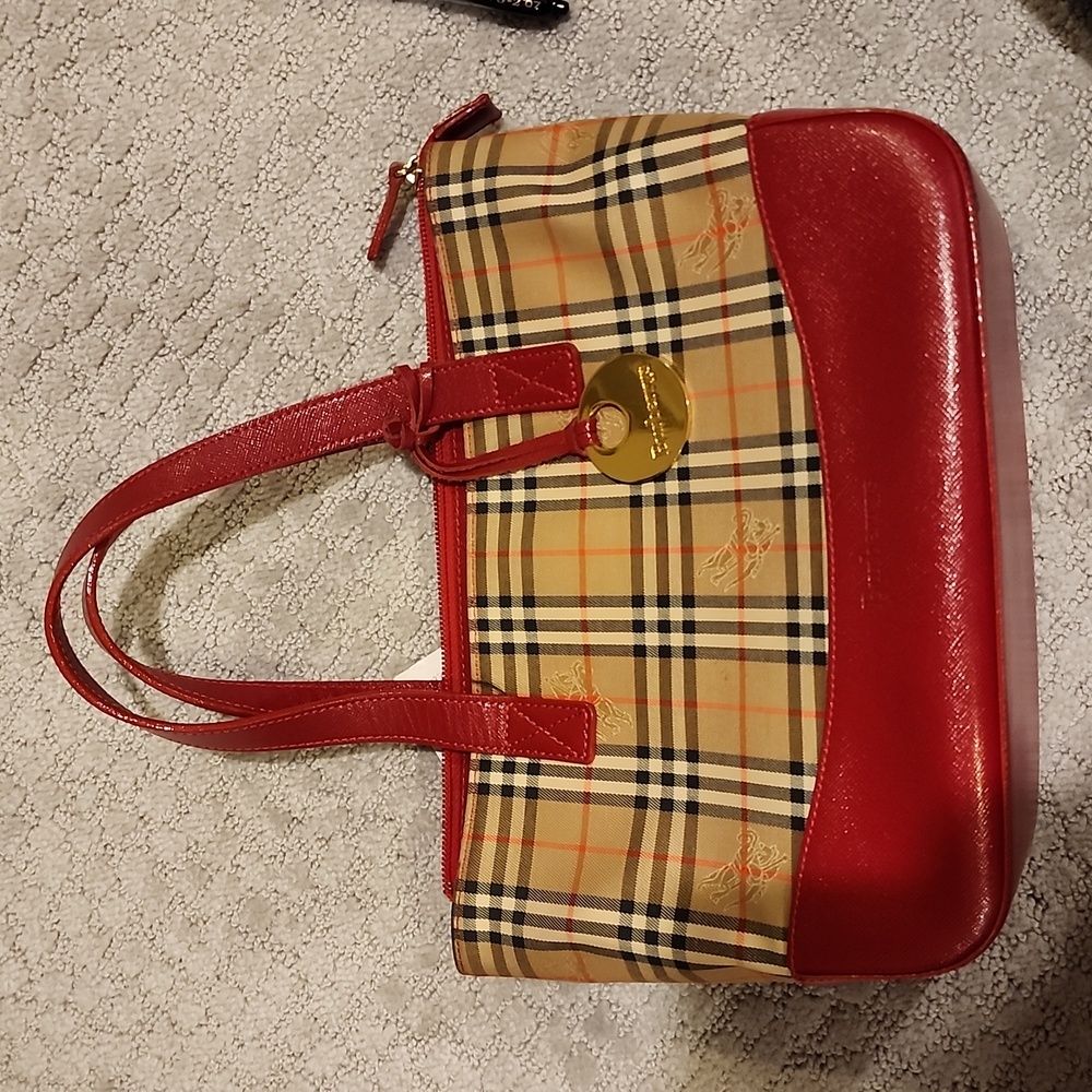 Burberry Red Beige House Check Tote Handbag